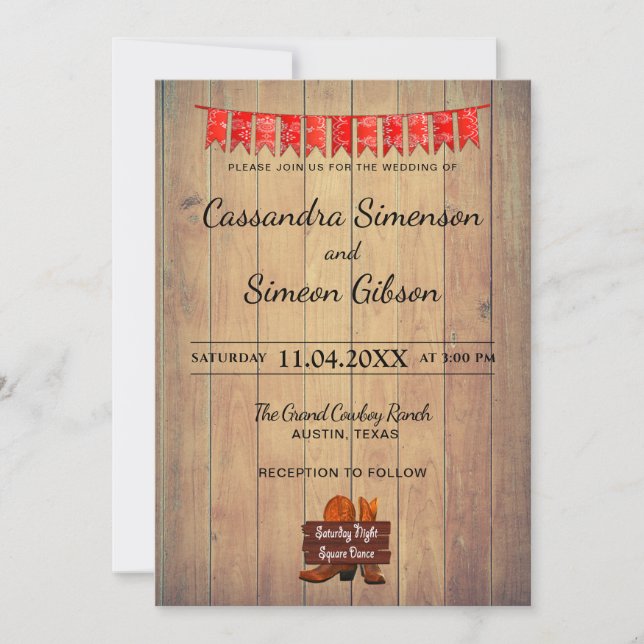 Wood Cowboy Boots,Dance Rustic Wedding Day Invitation (Front)
