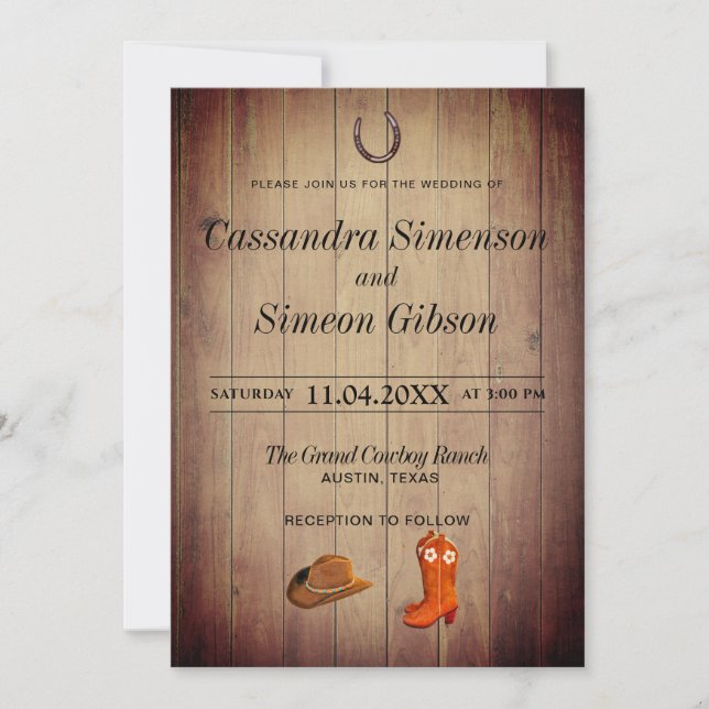 Wood Cowboy Boots, Rustic Wedding Day Invitation (Front)