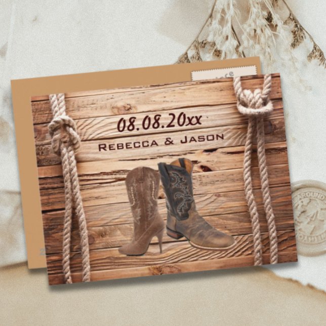 wood Cowboy Boots Western country save the date Announcement Postcard (wood Cowboy Boots Western country save the date Announcement Postcard)