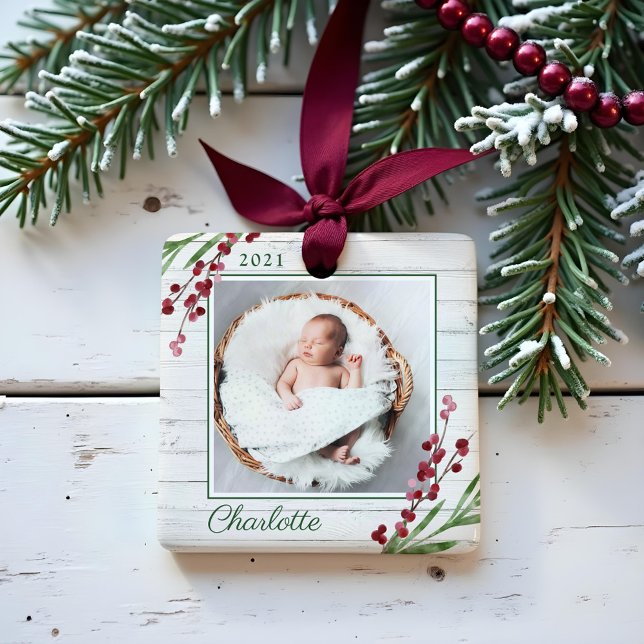 Wood Cranberry Foliage Baby First Christmas Photo Ceramic Ornament (Wood Cranberry Foliage Baby First Christmas Photo Ceramic Ornament)