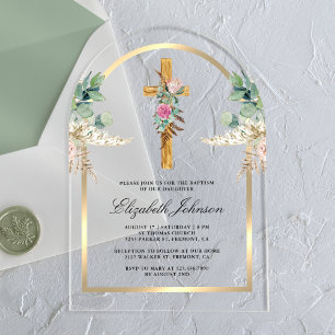 Wood Cross Gold Arch Pampas Eucalyptus Baptism Acrylic Invitations
