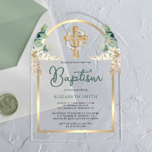 Wood Cross Pampas Eucalyptus Gold Arch Baptism Acrylic Invitations