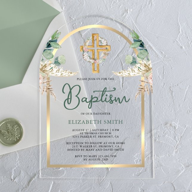 Wood Cross Pampas Eucalyptus Gold Arch Baptism Acrylic Invitations (Creator Uploaded)