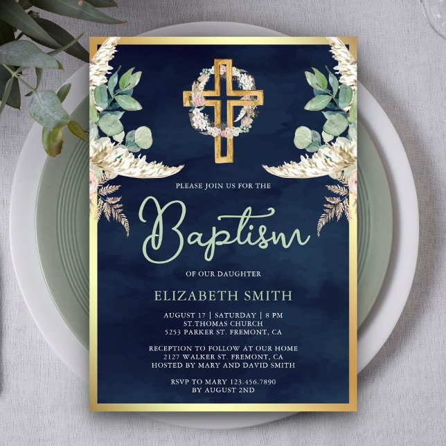 Wood Cross Pampas Eucalyptus Navy Gold Baptism Invitation (Creator Uploaded)