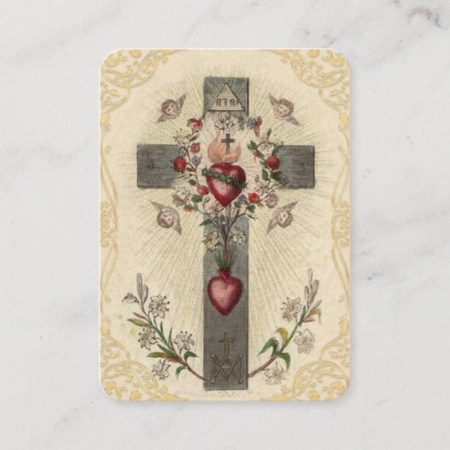 Wood Cross Sacred Hearts Angels Flowers Holy Card (Front)