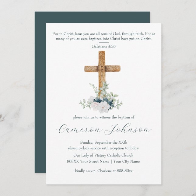 Wood Cross White and Blue Flowers Baptism Invitation (Front/Back)