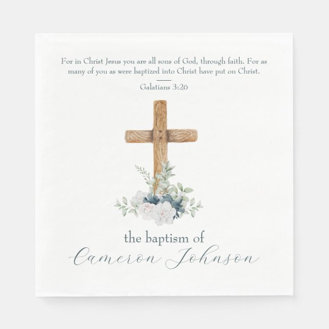 Wood Cross White & Blue Baptism Bible Verse Napkin (Front)