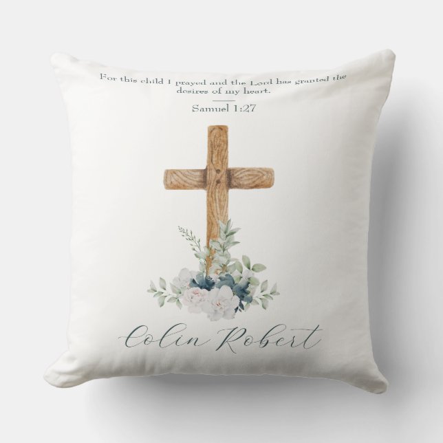 Wood Cross White & Blue Flowers Bible Verse Cushion (Front)