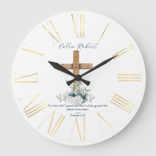 Wood Cross White & Blue Flowers Bible Verse Large Clock