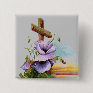 Wood Cross With Purple Flowers 15 Cm Square Badge