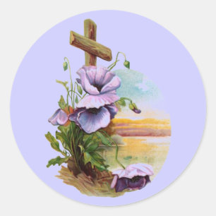 Wood Cross With Purple Flowers Classic Round Sticker