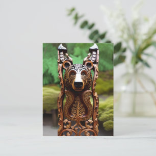 Wood curved bear statue postcard