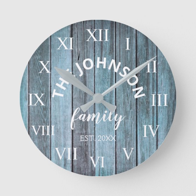 Wood Custom Family Name Rustic Beach Round Clock (Front)