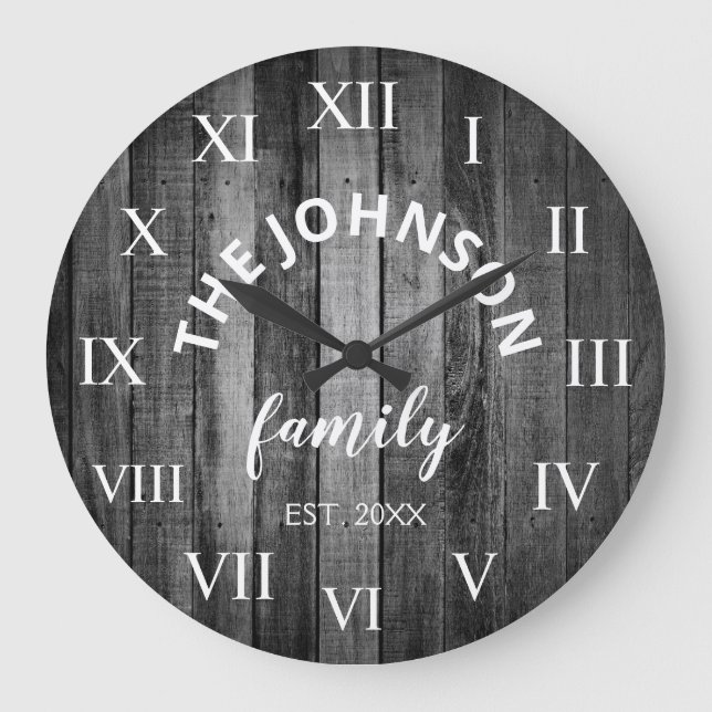 Wood Custom Family Name Rustic Farmhouse Large Clock (Front)