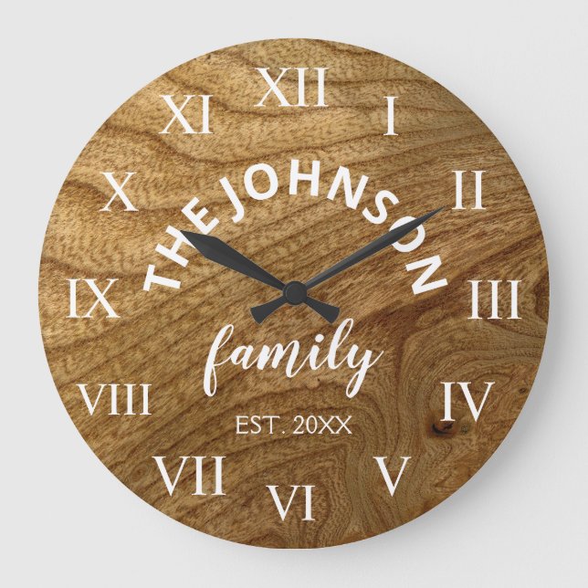 Wood Custom Family Name Rustic Farmhouse Large Clock (Front)