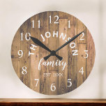 Wood Custom Family Name Rustic Farmhouse Large Clock<br><div class="desc">The brown wooden farm house style wall clock is perfect for your country farmhouse kitchen. Customise with your family name and established year for a unique and personalised birthday or Christmas gift.</div>