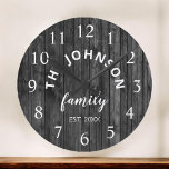 Wood Custom Family Name Rustic Farmhouse Large Clock<br><div class="desc">The grey (grey) wooden farm house style wall clock is perfect for your country farmhouse kitchen. Customise with your family name and established year for a unique and personalised birthday or Christmas gift.</div>