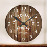 Wood Custom Family Name Rustic Farmhouse Large Clock<br><div class="desc">The brown wooden farm house style wall clock is perfect for your country farmhouse kitchen. Customise with your family name and established year for a unique and personalised birthday or Christmas gift.</div>