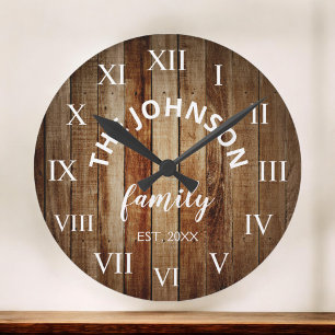 Wood Custom Family Name Rustic Farmhouse Round Clock