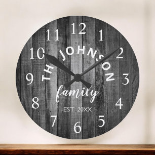 Wood Custom Family Name Rustic Farmhouse Round Clock