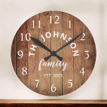 Wood Custom Family Name Rustic Farmhouse Round Clock<br><div class="desc">The brown wooden farm house style wall clock is perfect for your country farmhouse kitchen. Customise with your family name and established year for a unique and personalised birthday or Christmas gift.</div>