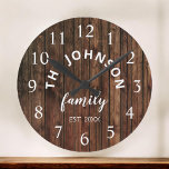 Wood Custom Family Name Rustic Farmhouse Round Clock<br><div class="desc">The brown wooden farm house style wall clock is perfect for your country farmhouse kitchen. Customise with your family name and established year for a unique and personalised birthday or Christmas gift.</div>