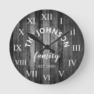 Wood Custom Family Name Rustic Farmhouse Round Clock
