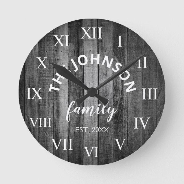 Wood Custom Family Name Rustic Farmhouse Round Clock (Front)