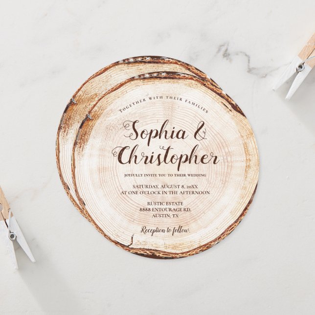 Wood Cut Grain Script Names Rustic Wedding  Invitation (Front/Back In Situ)