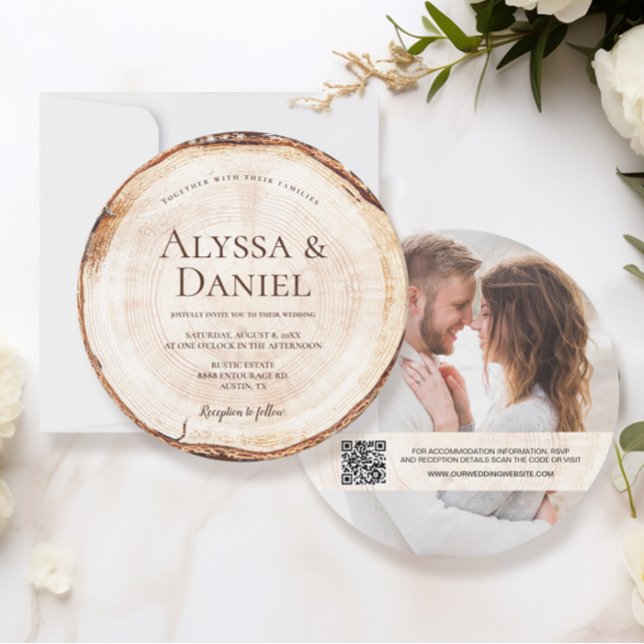 Wood Cut QR Code Custom Photo Rustic Wedding  Invitation (Rustic wood cut slice photo and wedding website round wedding invitation)