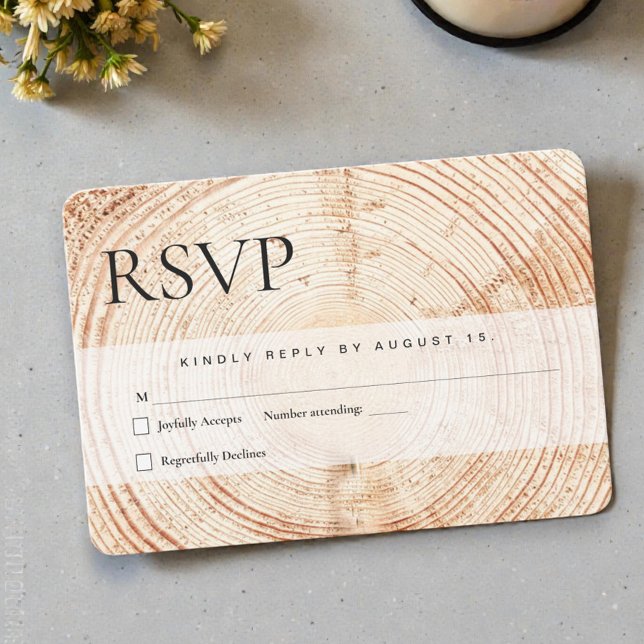 Wood Cut Slice Mail in Rustic Wedding  RSVP Card (Rustic RSVP wedding cards with number attending.)
