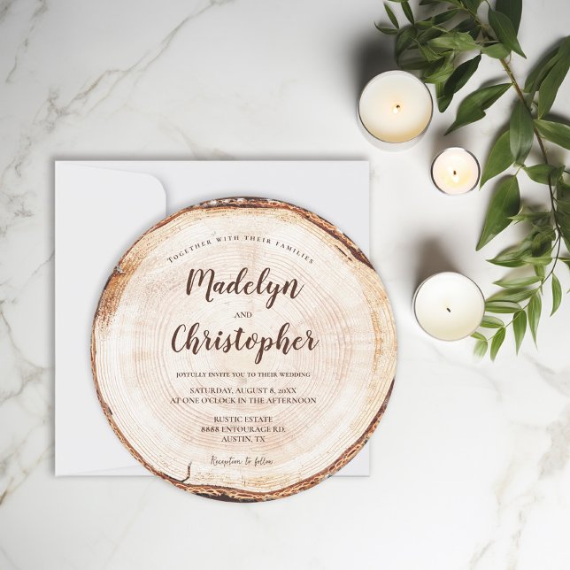 Wood Cut Slice Rustic Wedding Handlettering Script Invitation (Handlettering Name script round wood cut slice wedding invitation.)