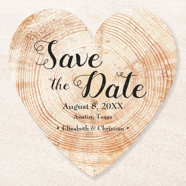 Wood cut slice Rustic Wedding Save the date Paper Coaster (Front)