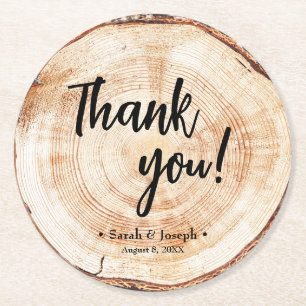Wood cut  Wedding handlettering Thank You Favour Round Paper Coaster