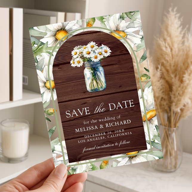 Wood Daisies Mason Jar Wedding Save the Date Acrylic Invitations (Creator Uploaded)