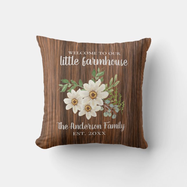 Wood Daisy Family Name Est.Wedding Farmhouse  Cushion (Front)