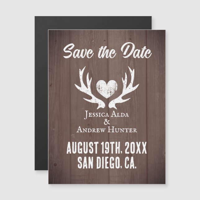 Wood deer antler heart magnetic save the date card (Front/Back)