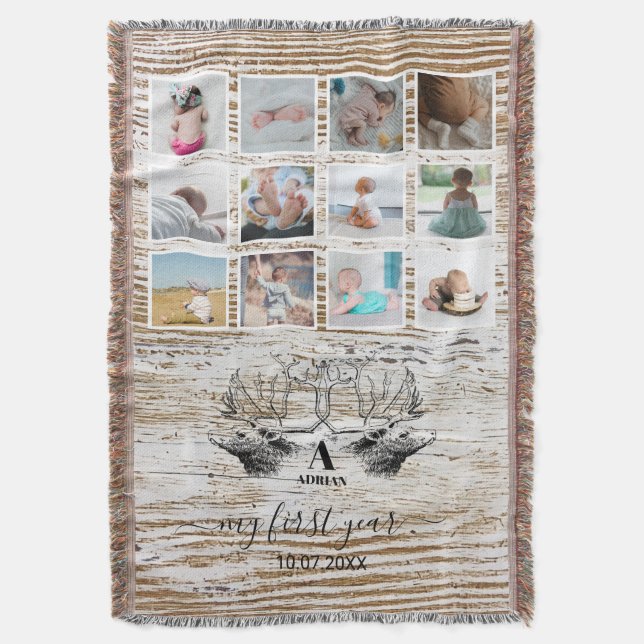 Wood Deer Baby's First Year Photo Collage Throw Blanket (Front Vertical)
