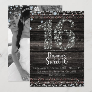 Wood Diamond Bling 16 Sixteen Birthday Party Photo Invitation