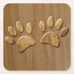Wood Dog Paw Prints Square Paper Coaster