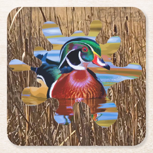 Wood Duck Disposable Coasters, Duck Hunting Square Paper Coaster (Front)
