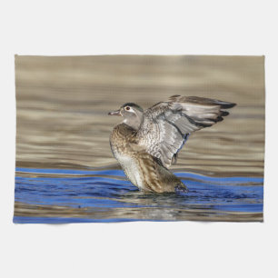 Wood Duck flapping her wings Tea Towel