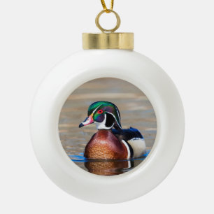 Wood Duck in a pond Ceramic Ball Christmas Ornament