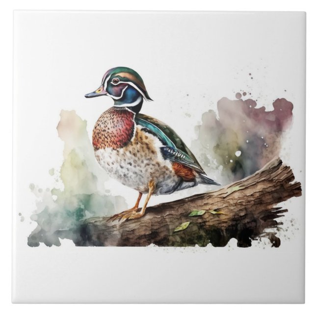 Wood Duck On a Solid White Background On A Log Ceramic Tile (Front)