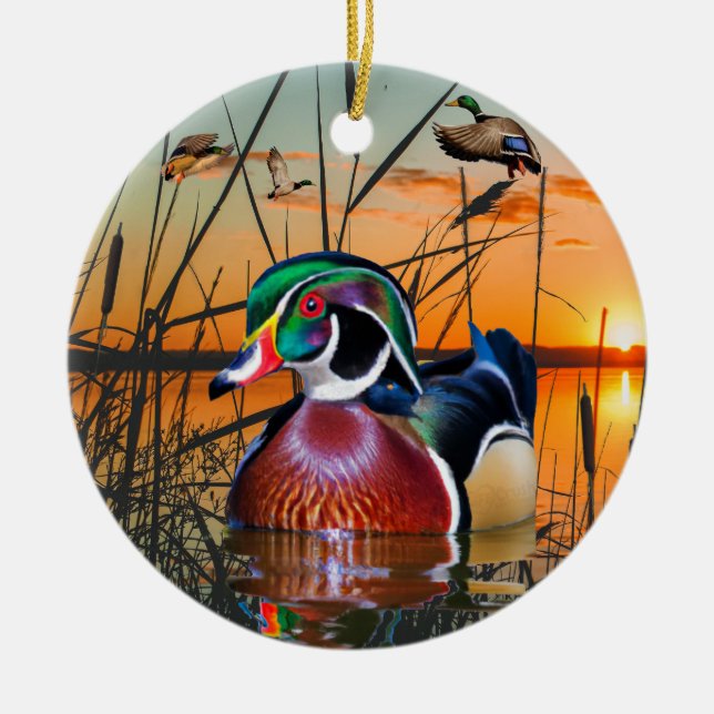Wood Duck Ornament, Flying Mallard Ceramic Ornament (Front)