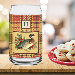 Wood Duck with Festive Holiday Greenery and Plaid Can Glass