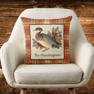 Wood Duck with Festive Holiday Greenery and Plaid Cushion