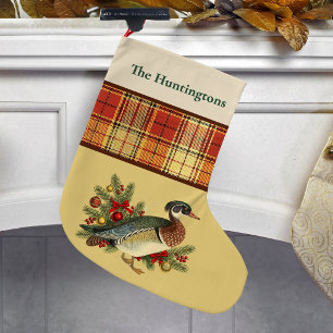Wood Duck with Festive Holiday Greenery and Plaid Large Christmas Stocking