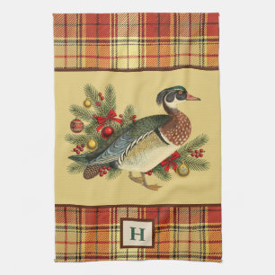 Wood Duck with Festive Holiday Greenery and Plaid Tea Towel