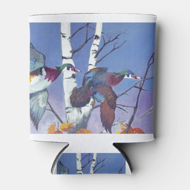 Wood Ducks Flying by Birch Tree Can Cooler (Front)